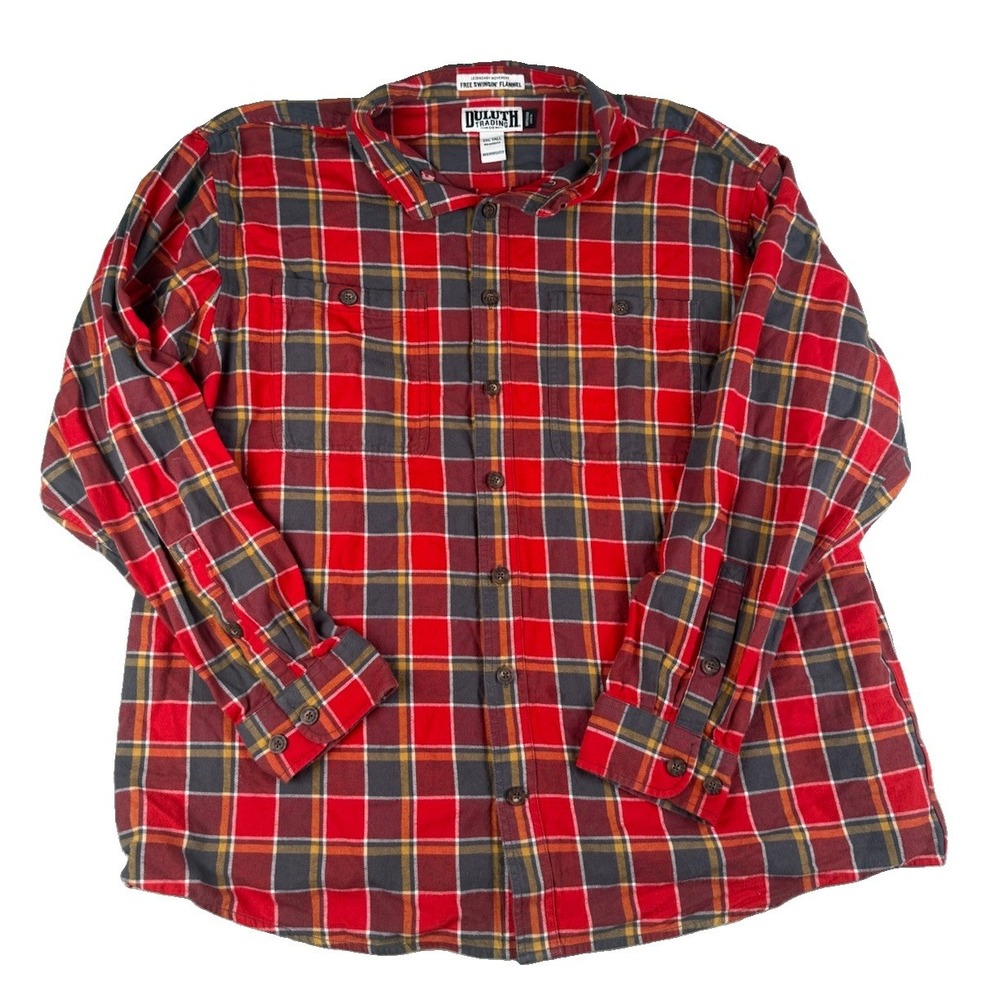 Duluth Trading Co Free Swingin Flannel Shirt Mens 2XL Tall Red Plaid Relaxed Fit